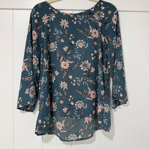 ✨ Papermoon Teal Floral Blouse Lightweight Flowy 3/4 Sleeve — Size M ✨